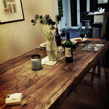 Reclaimed timber dining table with hairpin legs