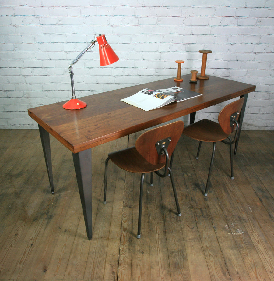 Large foundry steel leg vintage iroko industrial desk/table