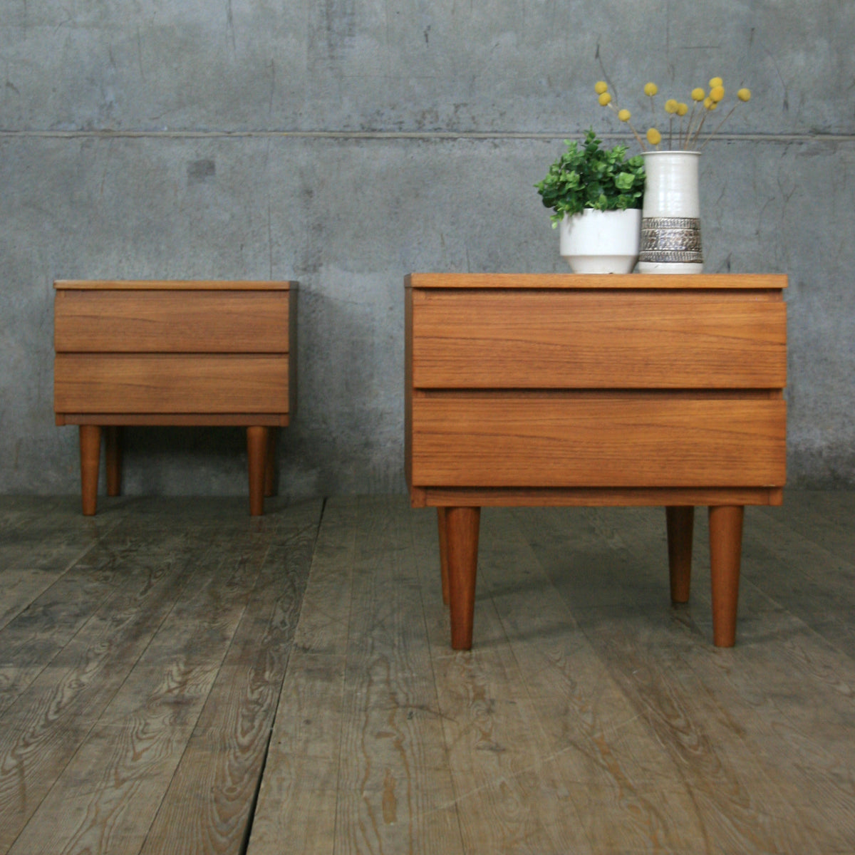 Pair of Mid Century Teak Bedside Cabinets – Mustard Vintage