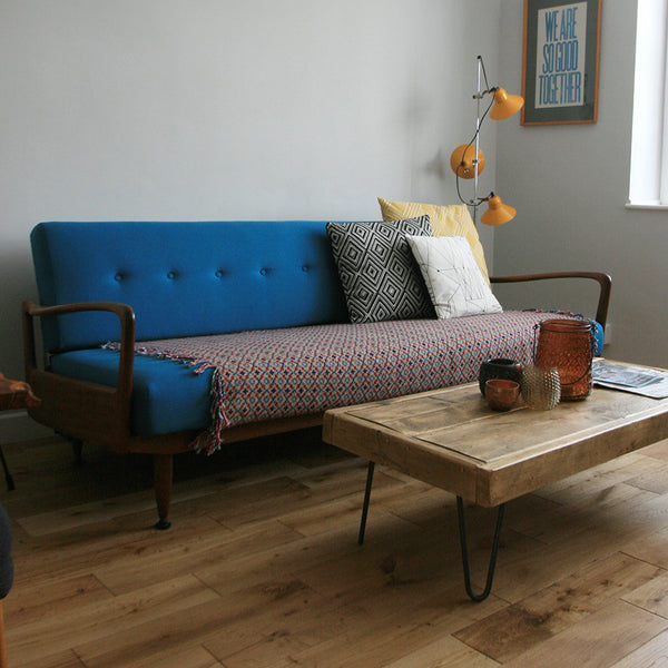 Fully restored Greaves & Thomas sofabed & rustic hairpin coffee table