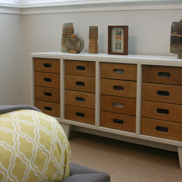 Mid century ESA school drawers by James Leonard & mid century vases