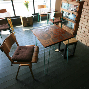 Etched iroko hairpin desks & furniture