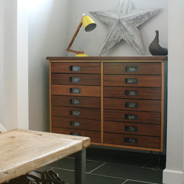 Reclaimed, solid Iroko, fully restored, school plan chest & vintage accessories