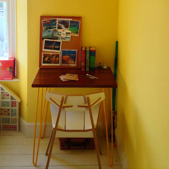 Reclaimed Iroko, bespoke hairpin leg desk