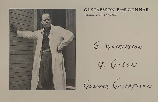 A vintage printed card or cover page with a black-and-white portrait of Bertil Gunnar Gustafsson on the left, printed text reading 'GUSTAFSSON, Bertil GUNNAR' at the top right, and handwritten signatures including 'G. Gustafsson', 'G.