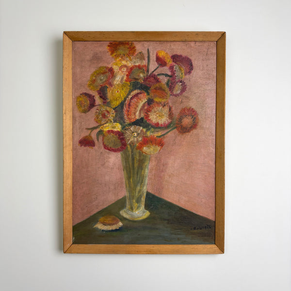 Florals on Pink - Vintage Mid Century Oil Painting