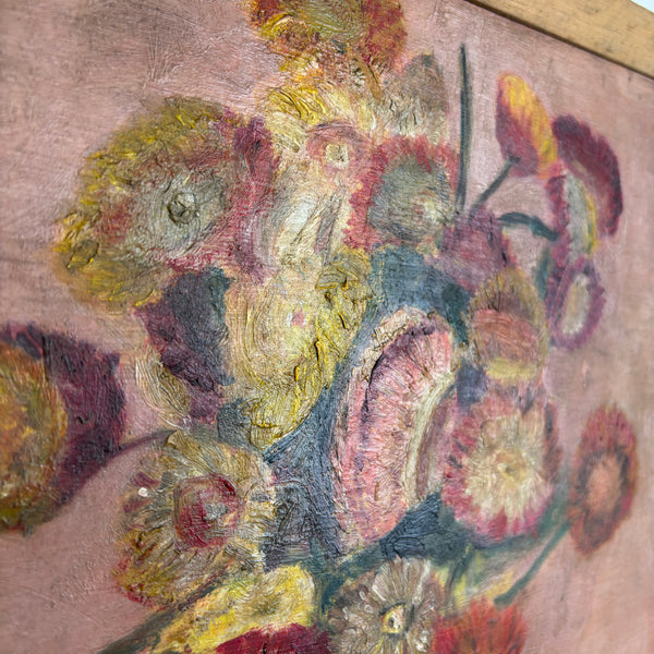 Florals on Pink - Vintage Mid Century Oil Painting