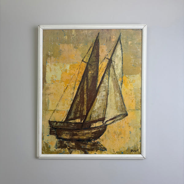 A framed vintage print of sailboats with dark brown sails and hull, set against a textured yellow, ochre and beige cream background
