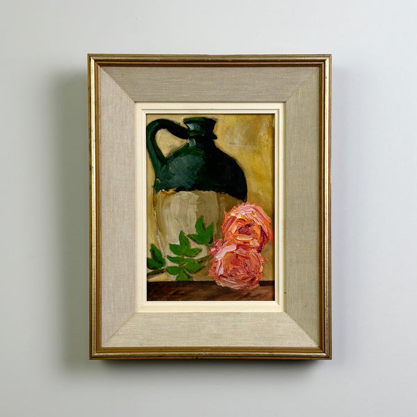 The Emerald Jug & Pink Roses - French Vintage Still Life Oil Painting