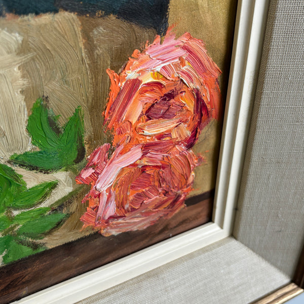 The Emerald Jug & Pink Roses - French Vintage Still Life Oil Painting