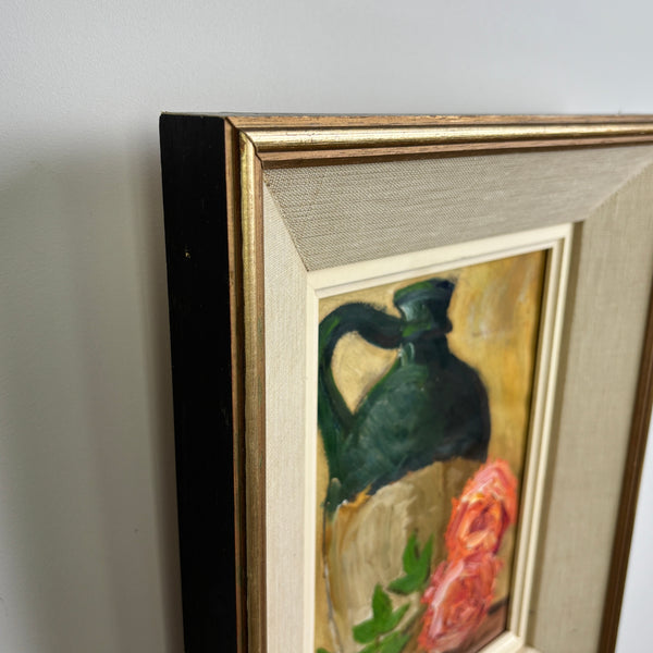 The Emerald Jug & Pink Roses - French Vintage Still Life Oil Painting