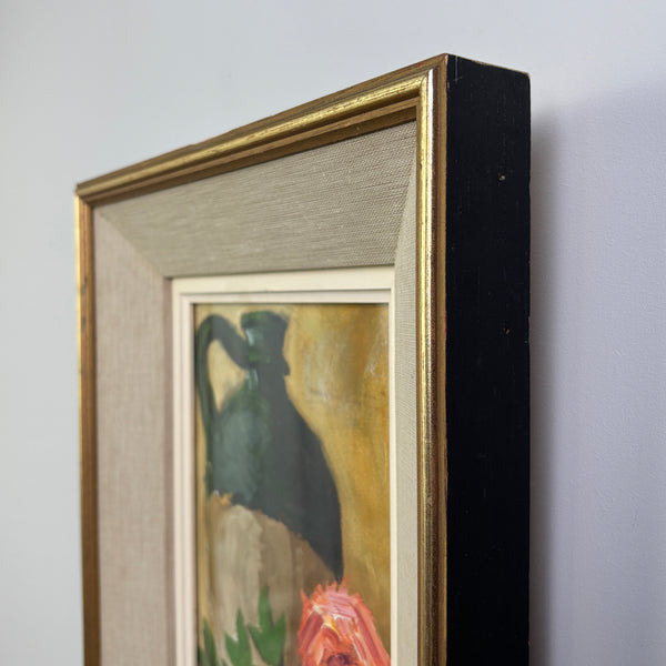 The Emerald Jug & Pink Roses - French Vintage Still Life Oil Painting