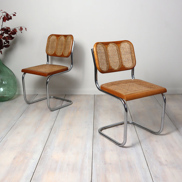 Pair of 1970s 80s Chrome & Cane Cantilever Dining Chairs 0310h