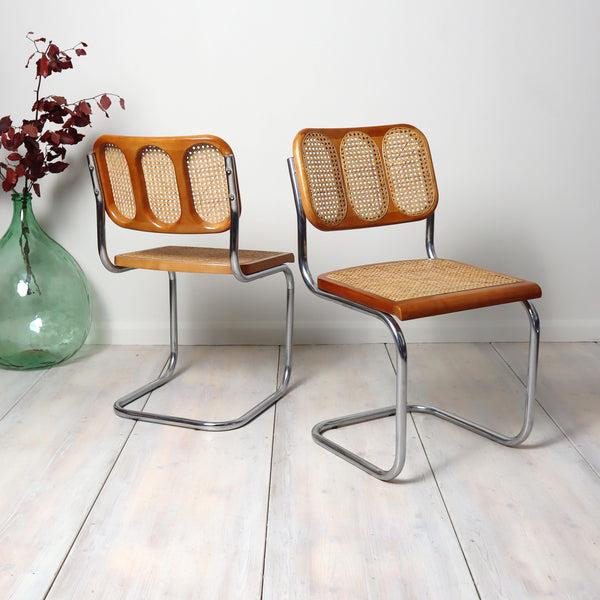 Pair of 1970s 80s Chrome & Cane Cantilever Dining Chairs 0310h