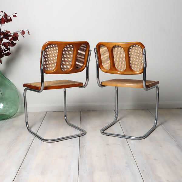 Pair of 1970s 80s Chrome & Cane Cantilever Dining Chairs 0310h