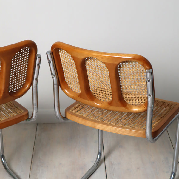 Pair of 1970s 80s Chrome & Cane Cantilever Dining Chairs 0310h