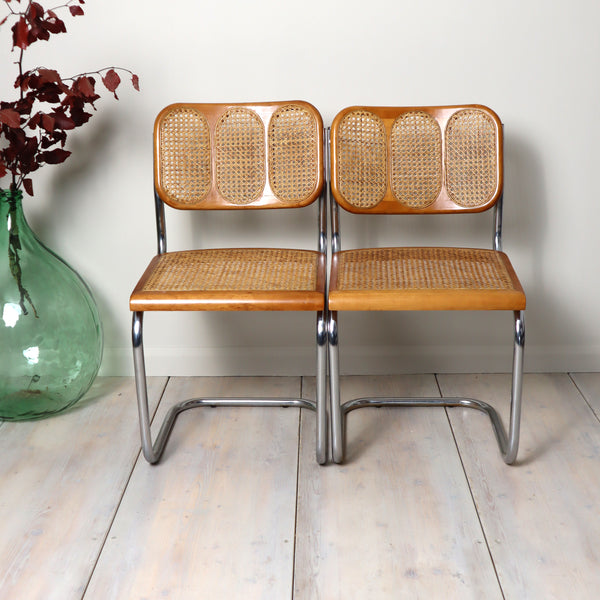 Pair of 1970s 80s Chrome & Cane Cantilever Dining Chairs 0310h