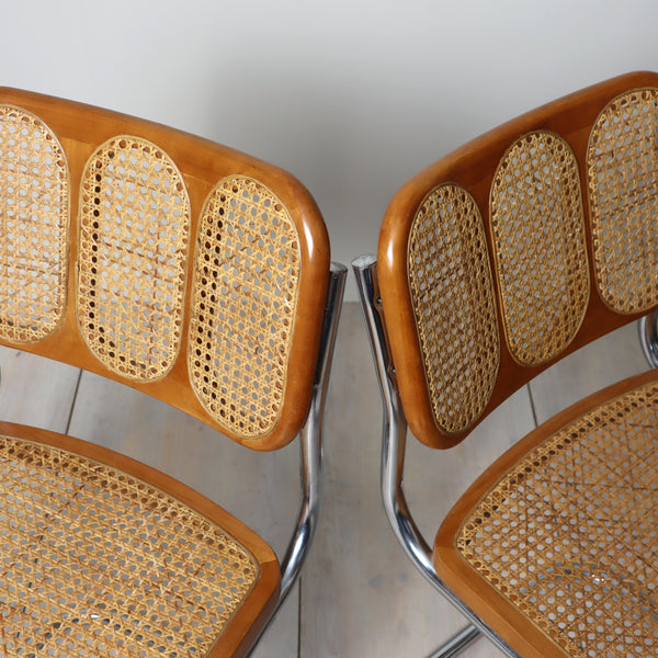 Pair of 1970s 80s Chrome & Cane Cantilever Dining Chairs 0310h