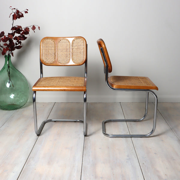 Pair of 1970s 80s Chrome & Cane Cantilever Dining Chairs 0310h