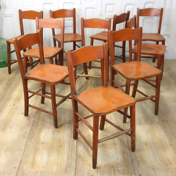 Set of Ten Vintage Rustic Orange Painted Chairs 0103c
