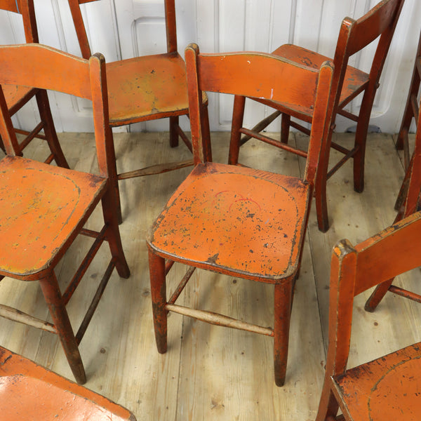 Set of Ten Vintage Rustic Orange Painted Chairs 0103c