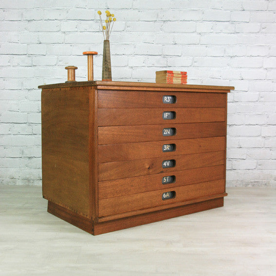 Vintage industrial reclaimed Iroko school plan chest (large) - Restored to order