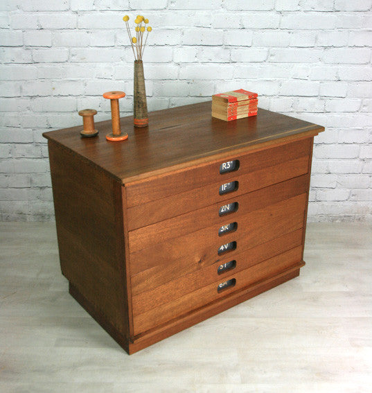 Vintage industrial reclaimed Iroko school plan chest (large) - Restored to order
