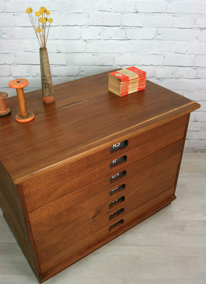 Vintage industrial reclaimed Iroko school plan chest (large) - Restored to order