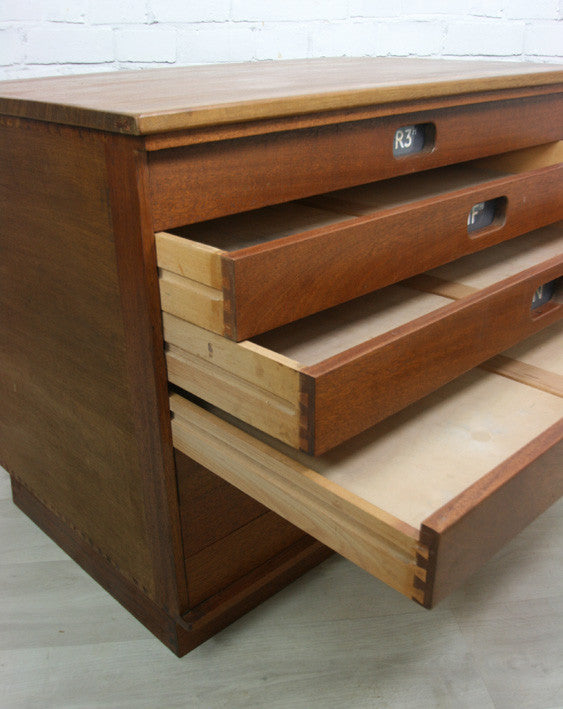 Vintage industrial reclaimed Iroko school plan chest (large) - Restored to order