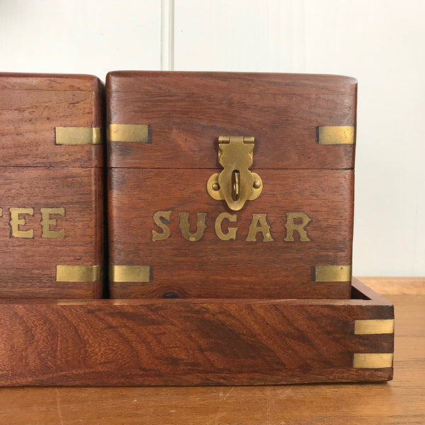 Vintage Kitchen Storage Canisters - Teak & Brass