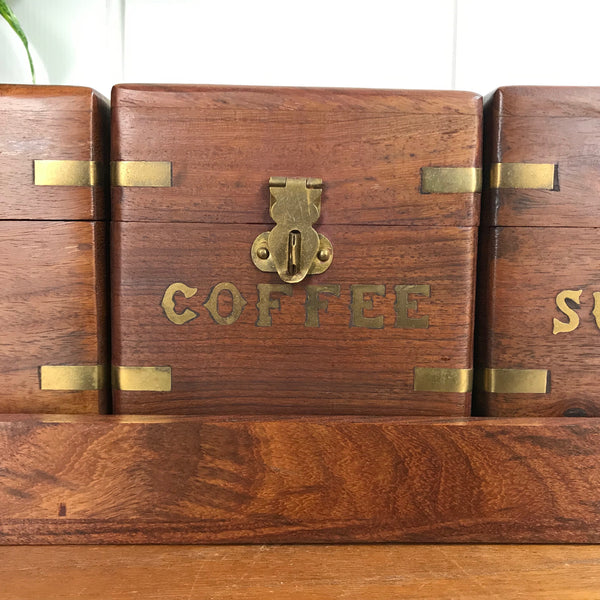 Vintage Kitchen Storage Canisters - Teak & Brass