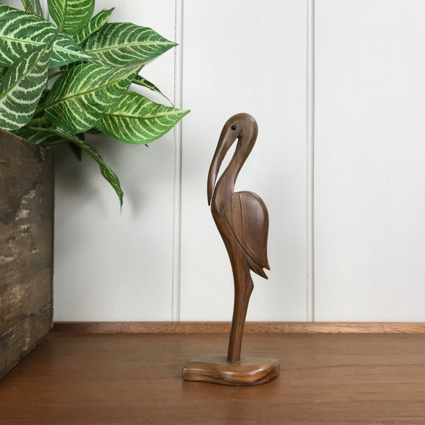 Mid Century Wooden Carved Flamingo - Medium