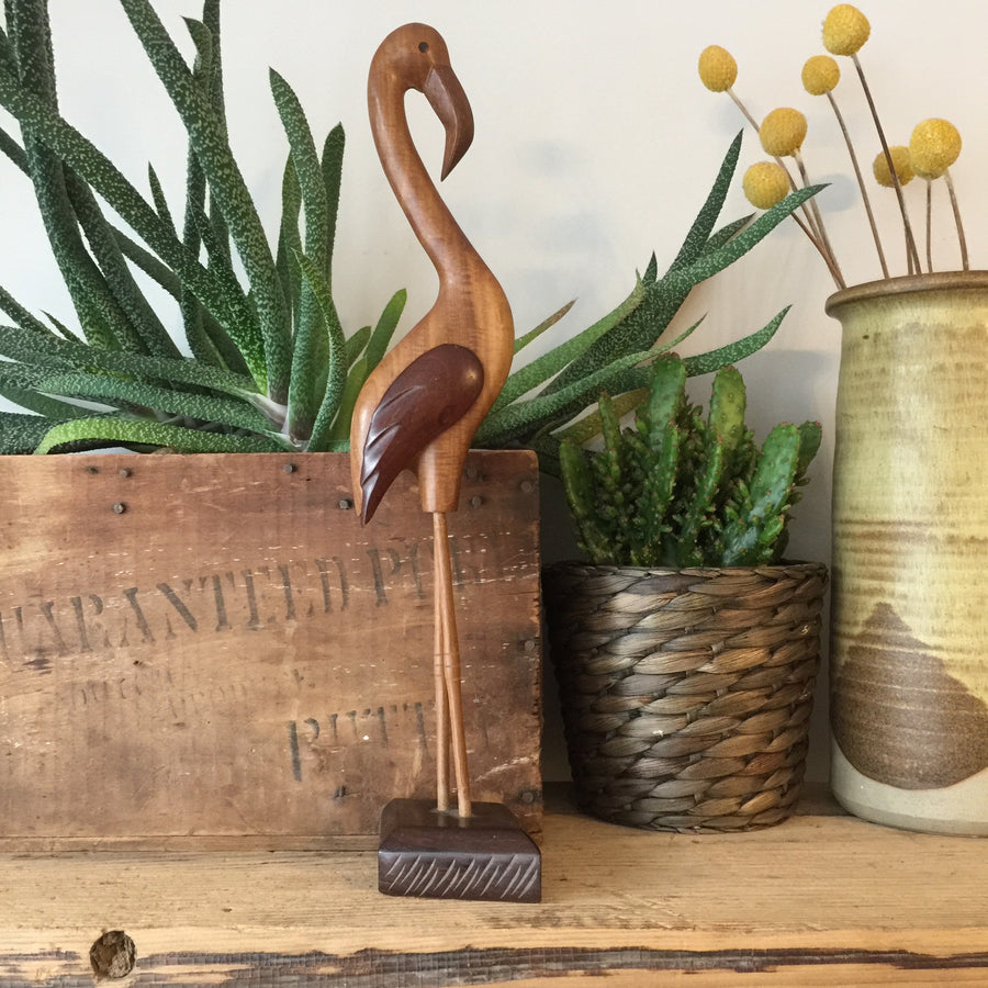 Mid Century Wooden Carved Flamingo