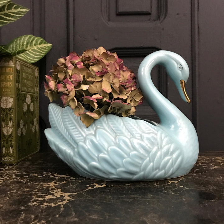 Vintage Ceramic Swan Planter in Blue
