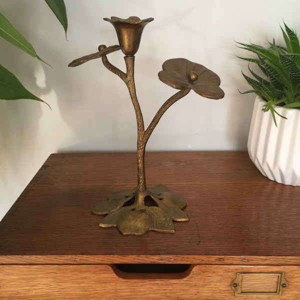 Vintage Brass Flower & Leaf Candlestick