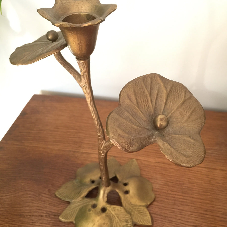Vintage Brass Flower & Leaf Candlestick