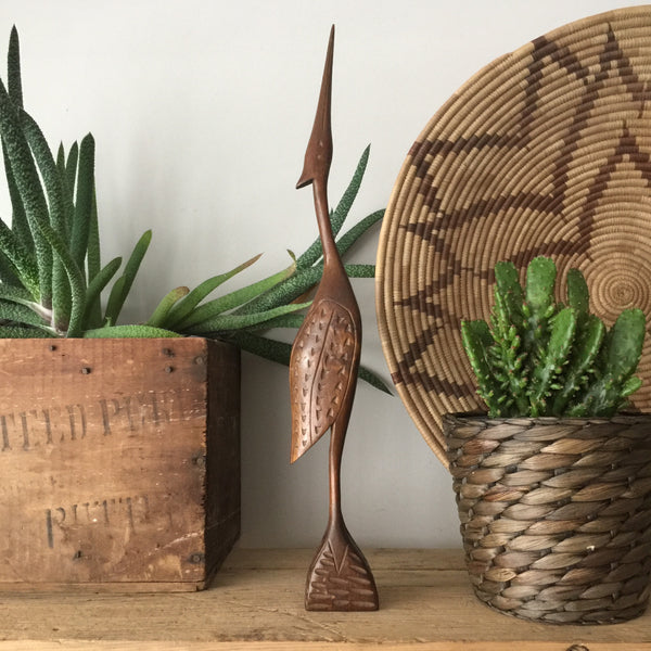 Mid Century Wooden Carved Crane
