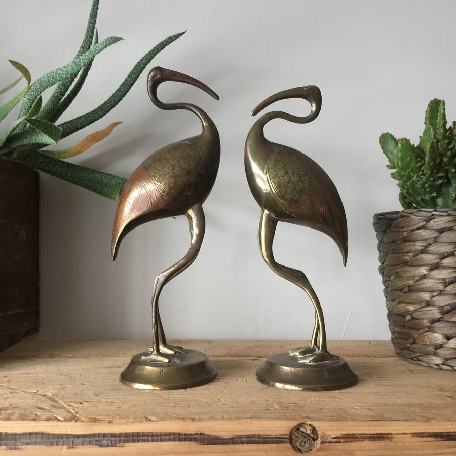 Pair of Vintage Brass Flamingos - engraved