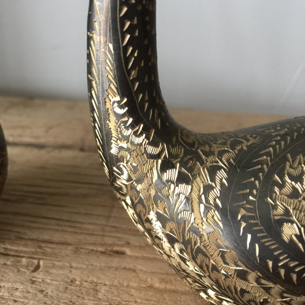 Vintage Brass Pair of Engraved Swans