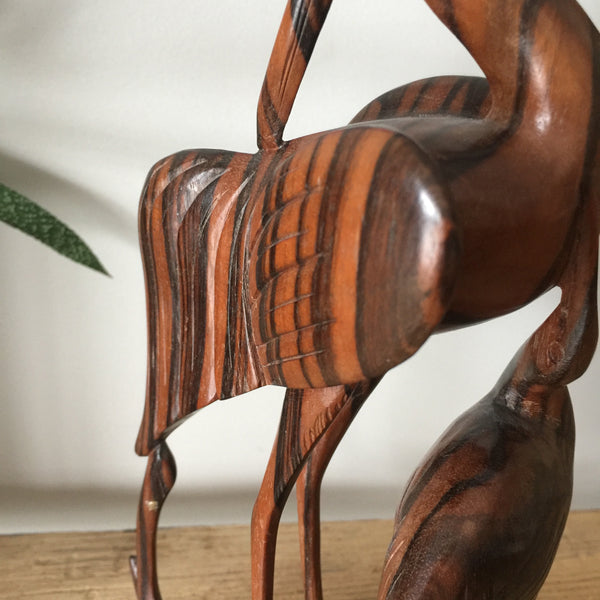 Mid Century Wooden Carved Adult Crane with Young