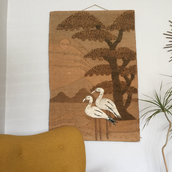 LARGE Vintage Macrame 'Flamingos' Wall Hanging