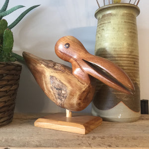 Mid Century Wooden Carved Pelican & Fish!