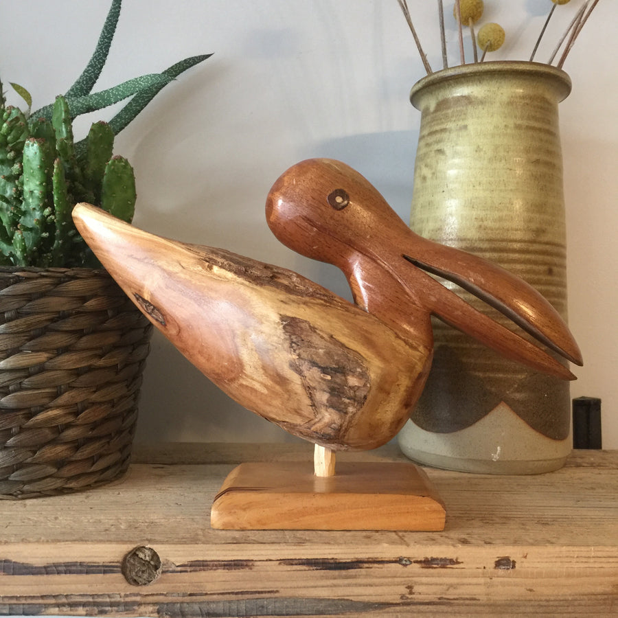 Mid Century Wooden Carved Pelican & Fish!