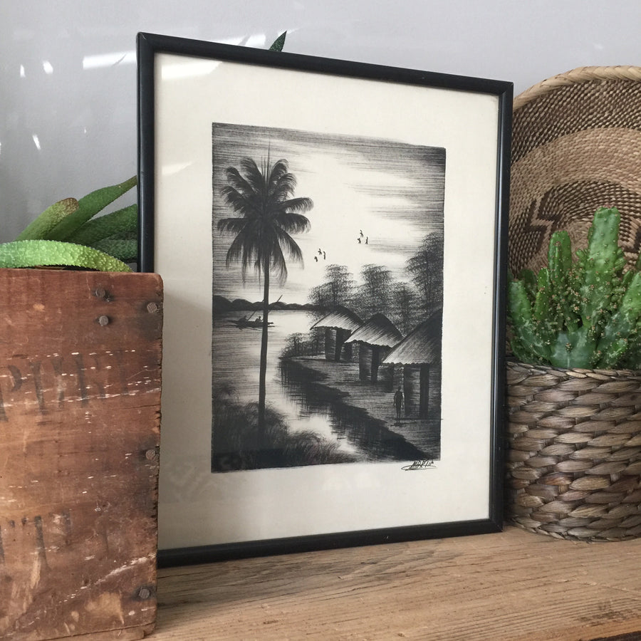 Framed Vintage Palm Tree Scene Print - Signed