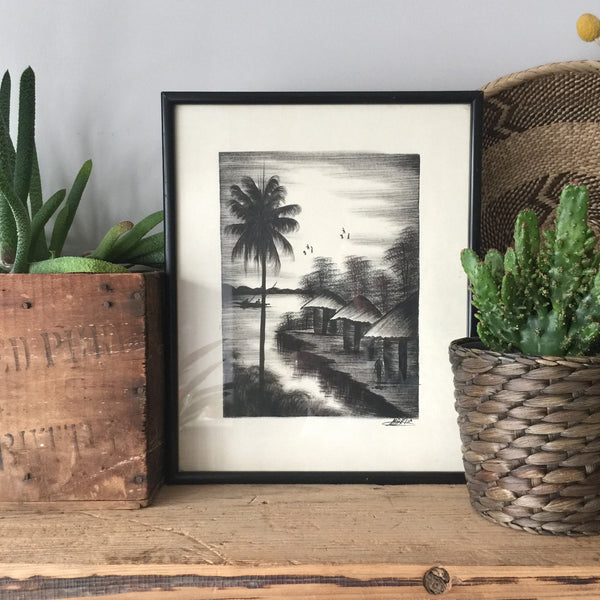 Framed Vintage Palm Tree Scene Print - Signed
