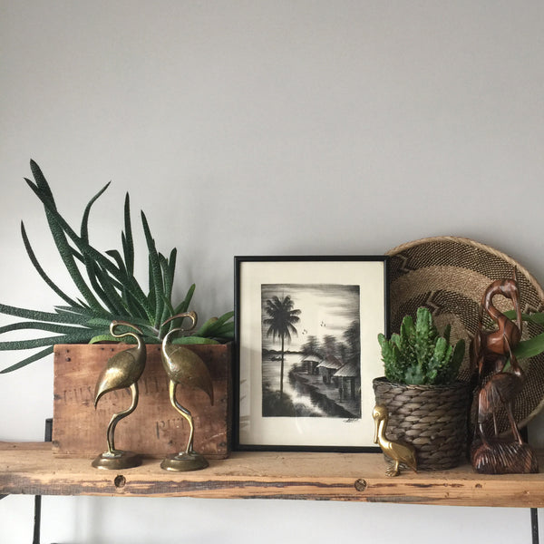Framed Vintage Palm Tree Scene Print - Signed
