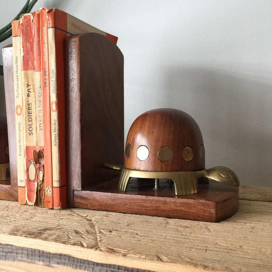 Vintage Teak & Brass Tortoise Bookends