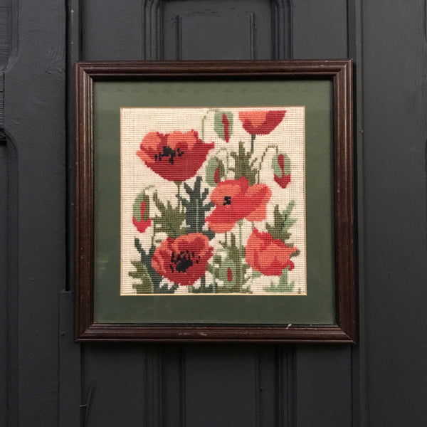 Vintage Needlework of Poppies Framed