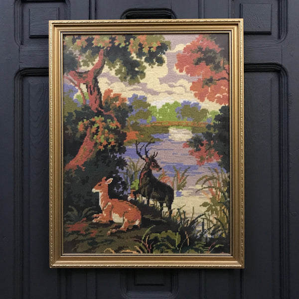 Vintage Deer Needlework Framed