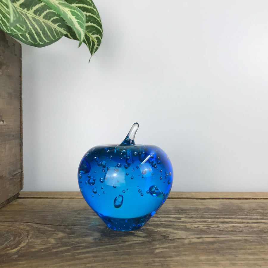 Mid Century Blue Glass Apple Paperweight / Ornament